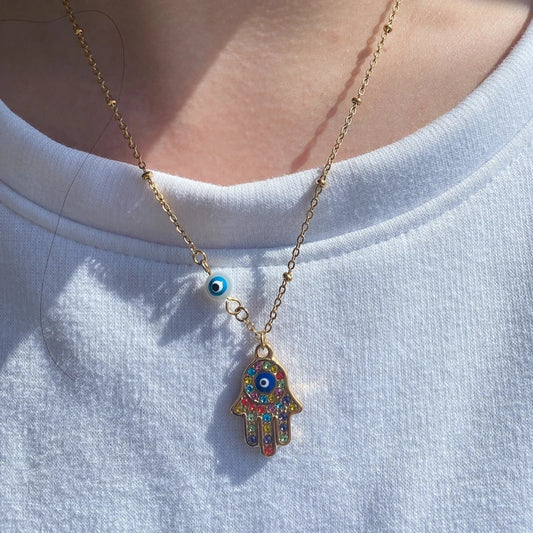 Stainless Steel Zircon Evil Eye Fatima Hand Necklace