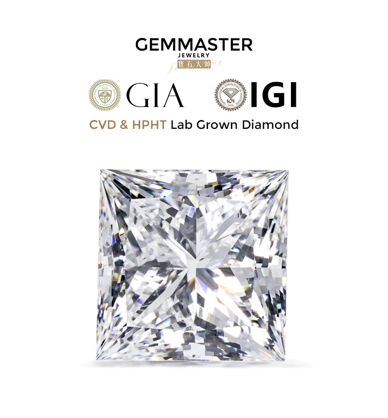 Princess Lab grown diamonds including a GIA IGI certificate 
Colour: D E F G 
Clarity: VVS VS 
Sizes: 0.5ct 1ct 2ct