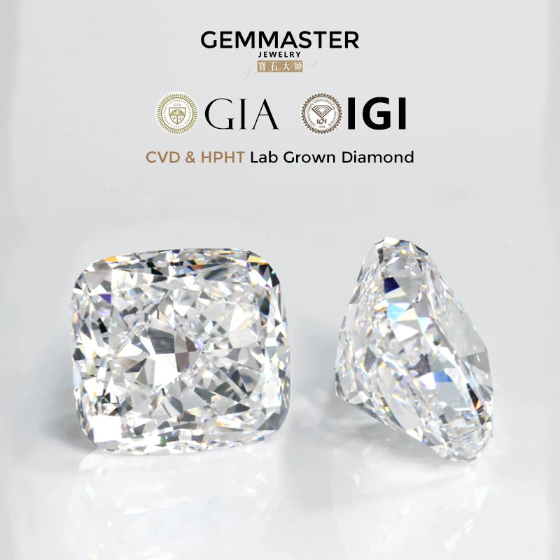 Cushion cut Lab grown diamonds including a GIA IGI certificate 
Colour: D E F 
Clarity: VVS
Sizes: 0.5ct 1ct
Cut: Excellent cut