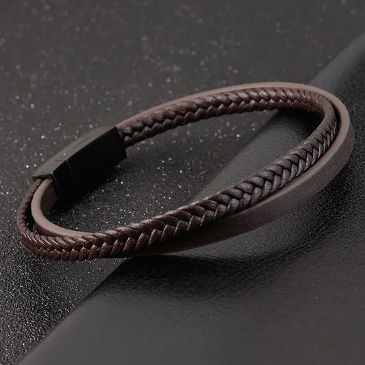 Black Genuine Leather Double-Layer Bracelet - Stainless Steel Detail