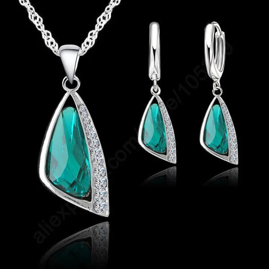 925 Sterling Silver Green Triangle Crystal Jewelry Set - Necklace and Earrings