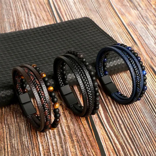 Tiger Eye Multi-Layer Leather Bracelet - Magnetic Buckle Design
