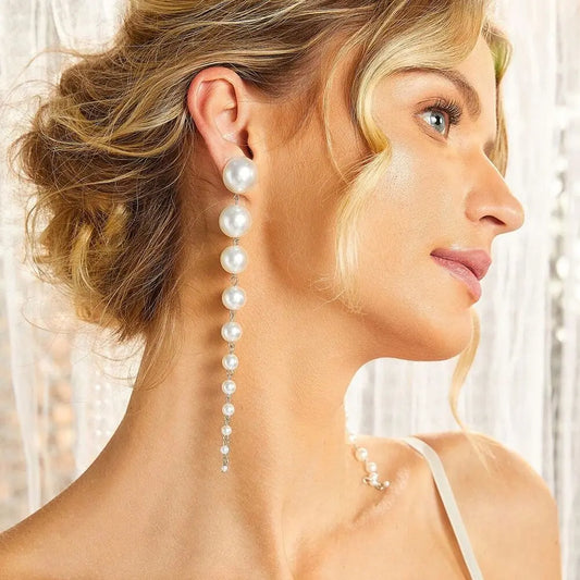 Imitation Pearl Long Tassel Drop Earrings