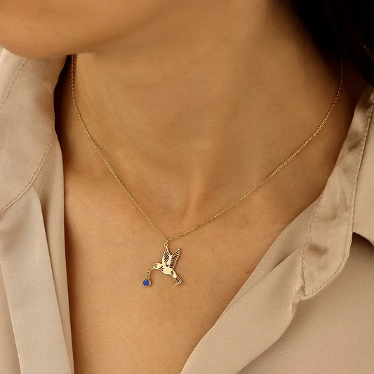 Birthstone Hummingbird Gold Plated Stainless Steel Necklace